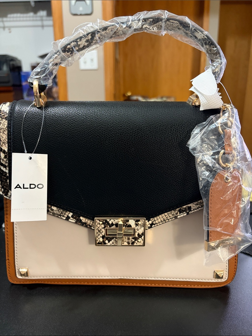 ALDO Black, Cream & Brown Colorblock Top-Handle Satchel with Snake-Print Trim